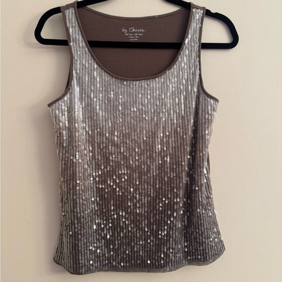 Chico's Ombré Sequin Tank Top Size 1 Medium Brown Silver Holiday Shimmer Festive - Picture 2 of 7